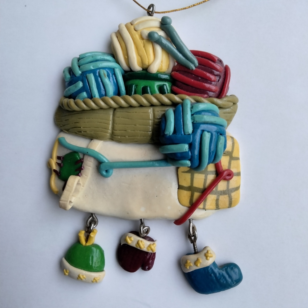 Vintage Knitting Themed Christmas Ornament Holiday Decor Colorful Yarn Basket